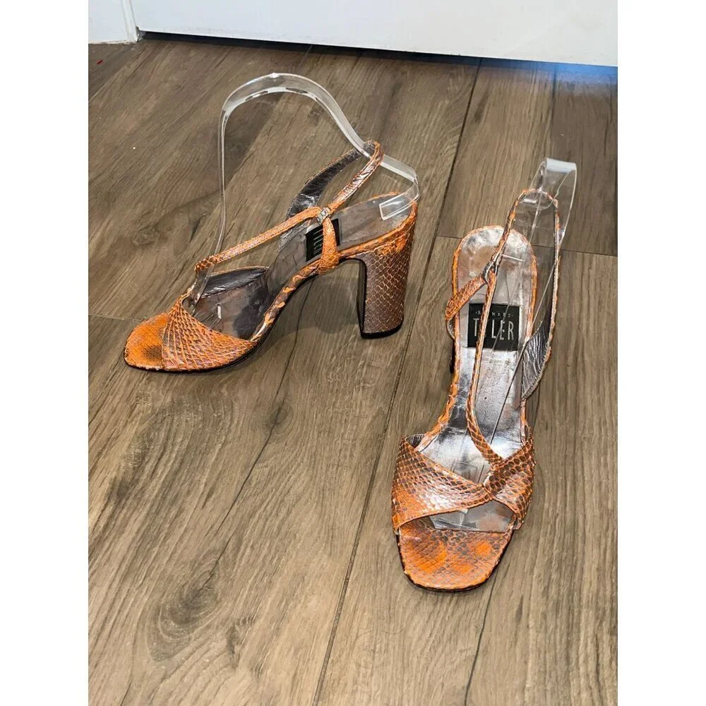 Richard Tyler Orange Snake Print Block Heel Sandals With Transparent Straps - Wo